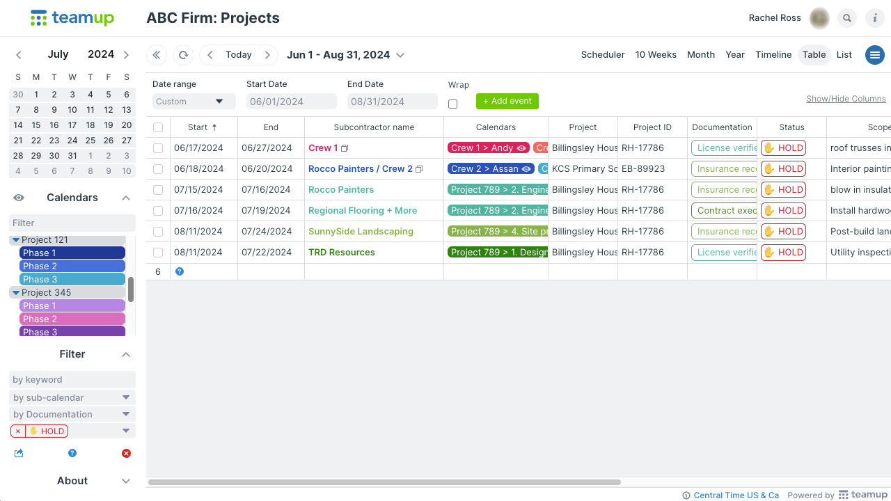 A Teamup calendar named ABC Firm: Projects shows events in Table view 
