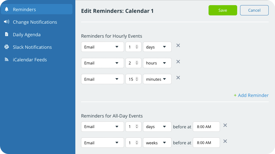A Teamup preferences menu shows a screen to Edit Reminders for Calendar 1. There are three different reminders for hourly events and 2 reminders for all-day events.
