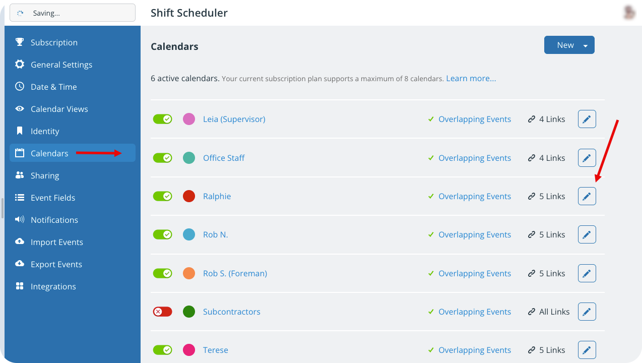 Teamup calendar settings screen showing the Calendars section with an arrow pointing to the edit/pencil icon to the right of each calendar name.